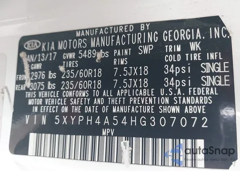 2017 Kia Sorento 3.3L Ex из США, поврежденный, VIN 5XYPH4A54HG307072